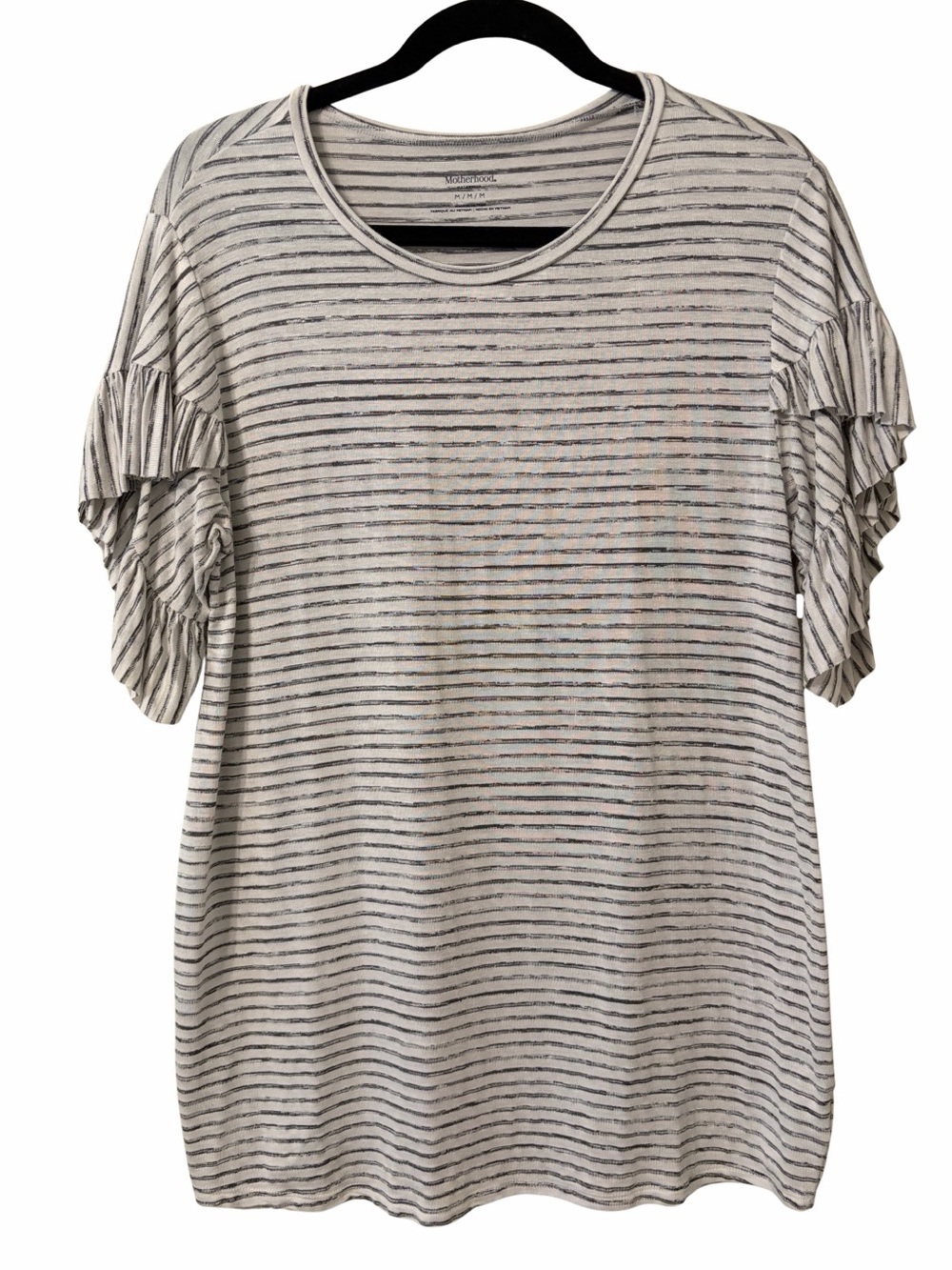 Motherhood Maternity White and Black Striped Ruffle Sleeve Tee